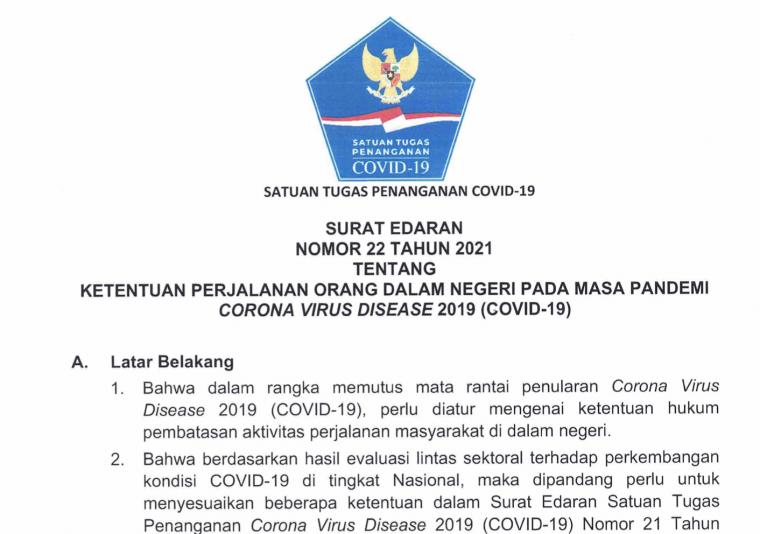 Satgas COVID-19 Terbitkan SE 22/2021 tentang Ketentuan Perjalanan Dalam Negeri