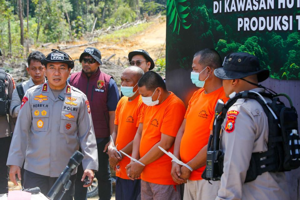 Empat orang tersangka diamankan karena diduga mengelola kebun kelapa sawit tanpa izin