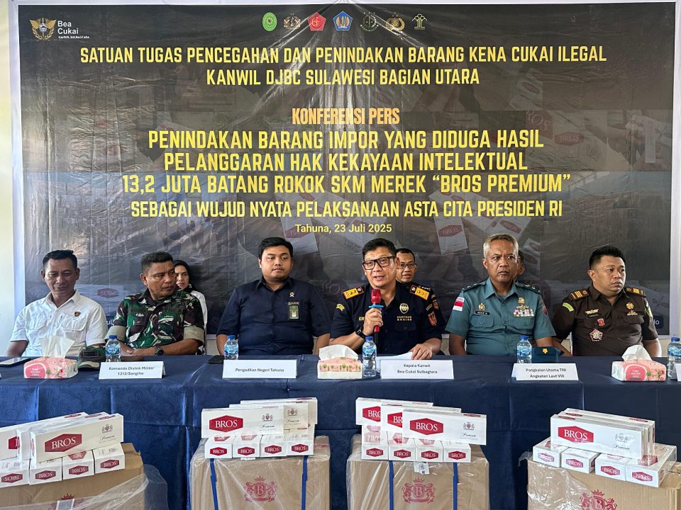 Kantor Wilayah Bea Cukai Sulawesi Bagian Utara (Sulbagtara) bersama Bea Cukai Manado berhasil menggagalkan impor 13,2 juta batang rokok merek “BROS PREMIUM” asal Vietnam